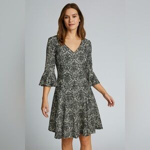 Julian Taylor Black White Brocade Dress Bell Sleeve Fit Flare Gothic Baroque